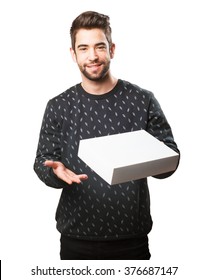 Young Man Holding A White Box