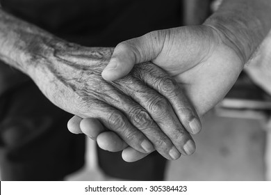 The Young Man Holds The Hand Of The Old Man's Hand. Black And White.