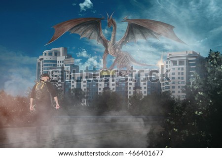 Young man hunting a real dragon monster in the city. creative photo of real monster. monster in real life.