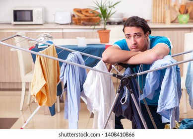 Young Man Husband Doing Clothing Ironing Stock Photo 1408410866 ...