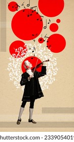 Young man in image of Amadeus Mozart, medieval person playing violin. Contemporary art collage. Concept of eras comparison, creativity, great music compose, classic and modern art