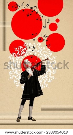 Young man in image of Amadeus Mozart, medieval person playing violin. Contemporary art collage. Concept of eras comparison, creativity, great music compose, classic and modern art