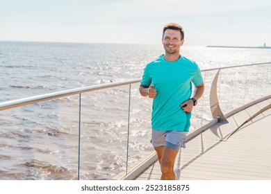 Young Man Jogging Along a Scenic Waterfront Pathway on a Sunny Day by the Ocean - Powered by Shutterstock