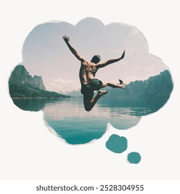 A young man jumps into a lake, enjoying nature. The man, leaps with joy during Summer travel. The man embraces the outdoors, highlighting the beauty of nature. Summer travel vacation. - Powered by Shutterstock