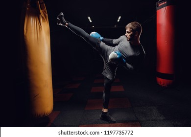 Young Man Kickboxing Workout Kick On Bag In Gym. Concept MMA