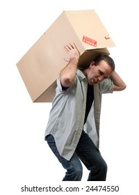 A Young Man Lifting A Large Heavy Box, Isolated Against A White Background