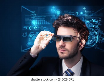Young man looking with futuristic smart high tech glasses concept