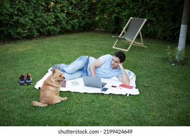 Young Man Lying On Picnic Blanket On The Grass In Backyard And Working On Laptop With His Cute Pet Dog