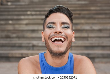 Young Man With Make Up Smiling On Camera - Transgender And Drag Queen Concept - LGBTQIA