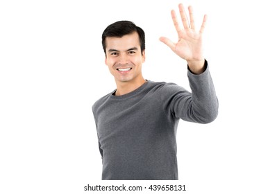 Young Man Making High Five Gesture - Isolated On White Background