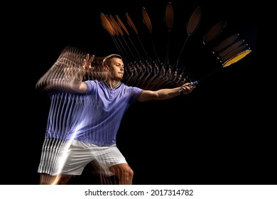 Young man, male badminton player, shuttler in motion and action on dark background. Stroboscope effect. Concept of healthy lifestyle, professional sport, action, motion, hobby, team.