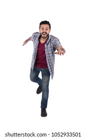 A Young Man In Moving Pose Like Trying To Catch The Bus Raising A Hand And A Leg Back, Isolated On A White Background.