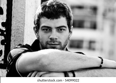 Young Man Outdoor Portrait, Black And White