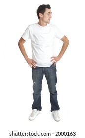 Young Man Over White Background Looking Left