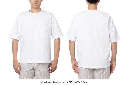 Young man in oversize T shirt mockup isolated on white background with clipping path. - Shutterstock ID 2172057799
