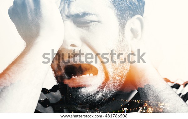 Young man in pain,\
double exposure image
