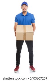 Young Man Parcel Delivery Service Box Package Order Delivering Full Body Portrait Isolated On A White Background