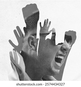 Young man passionately shouting with multiple hands raising symbolizing unity, protest. Layered black and white collage. Conceptual design. Concept of human rights, rally, freedom of speech