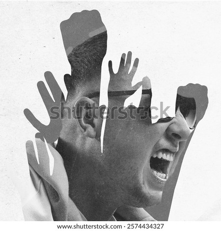 Young man passionately shouting with multiple hands raising symbolizing unity, protest. Layered black and white collage. Conceptual design. Concept of human rights, rally, freedom of speech