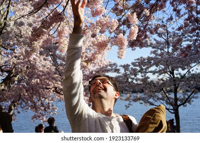 Young man pausing at the cherry tree flower blossom at the reservoir in Washington DC (March 2019). 