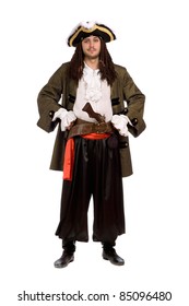 Young Man In A Pirate Costume With Pistol. Isolated On White