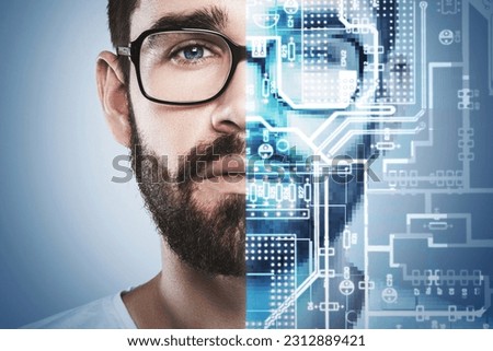 Young man with pixelate and printed circuit board effects over half of his face. Concepts of Technological Singularity and AI takeover.