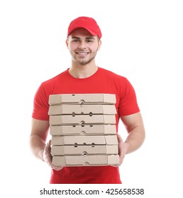 Young Man With Pizza Isolated On White