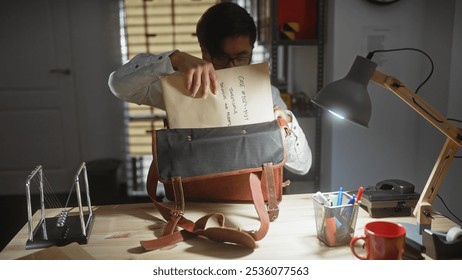 A young man places documents into a briefcase in a dimly-lit detective's office, creating a scene of strategic investigation work. - Powered by Shutterstock