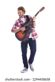 Young Man Playing Acoustic Guitar On White Background