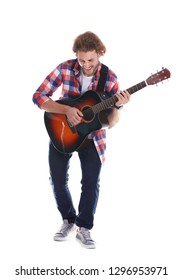 Young Man Playing Acoustic Guitar On White Background