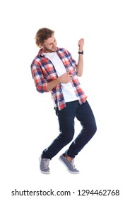 Young Man Playing Air Guitar On White Background