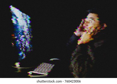 Young Man Playing Computer Games Online. Digital Glitch Effect Added