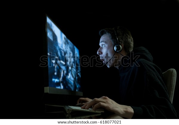 Young Man Playing Computer Games Dark Stock Photo Edit Now