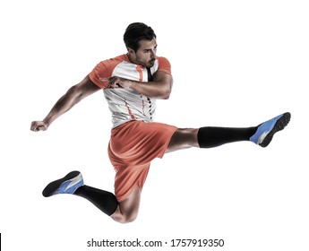 Young Man Playing Football On White Background