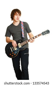 Young Man Playing Guitar On White Background