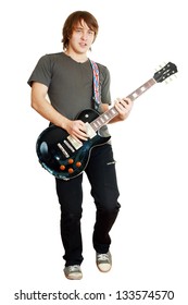 Young Man Playing Guitar On White Background Looking To The Camera