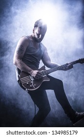 Young Man Playing Rock Concert. Play Guitar.