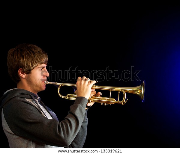 Young Man Playing Trumpet Blue Sound Stock Photo Edit Now 133319621