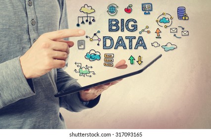 Young man pointing at Big Data concept over a tablet computer - Shutterstock ID 317093165