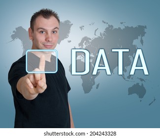 Young man press digital Data button on interface in front of him