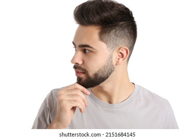 Young Man With Problem Of Dandruff Isolated On White