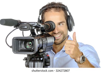 A Young Man With Professional Movie Camera On White Background