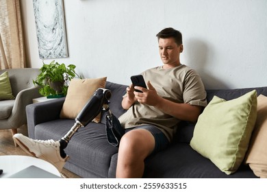 Young man with prosthetic leg relaxes on a couch, focused on his smartphone in a stylish setting. - Powered by Shutterstock