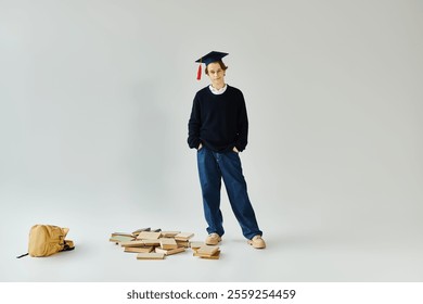 A young man proudly wears his graduation cap in a studio, surrounded by books and a backpack. - Powered by Shutterstock