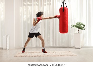 Young man punching a bag at home with boxing gloves  - Powered by Shutterstock