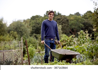 A Young Man Pushing A Wheelbarrow On An Allotment