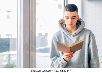 Young Man Reading Book At Home By The Window