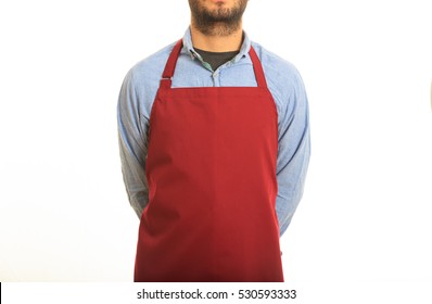 Young Man With Red Apron In The Kitchen, White Background