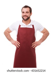 Young Man With Red Apron On White Background