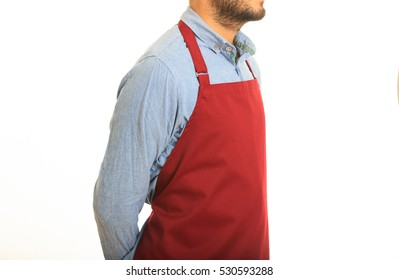 Young Man With Red Apron On White Background